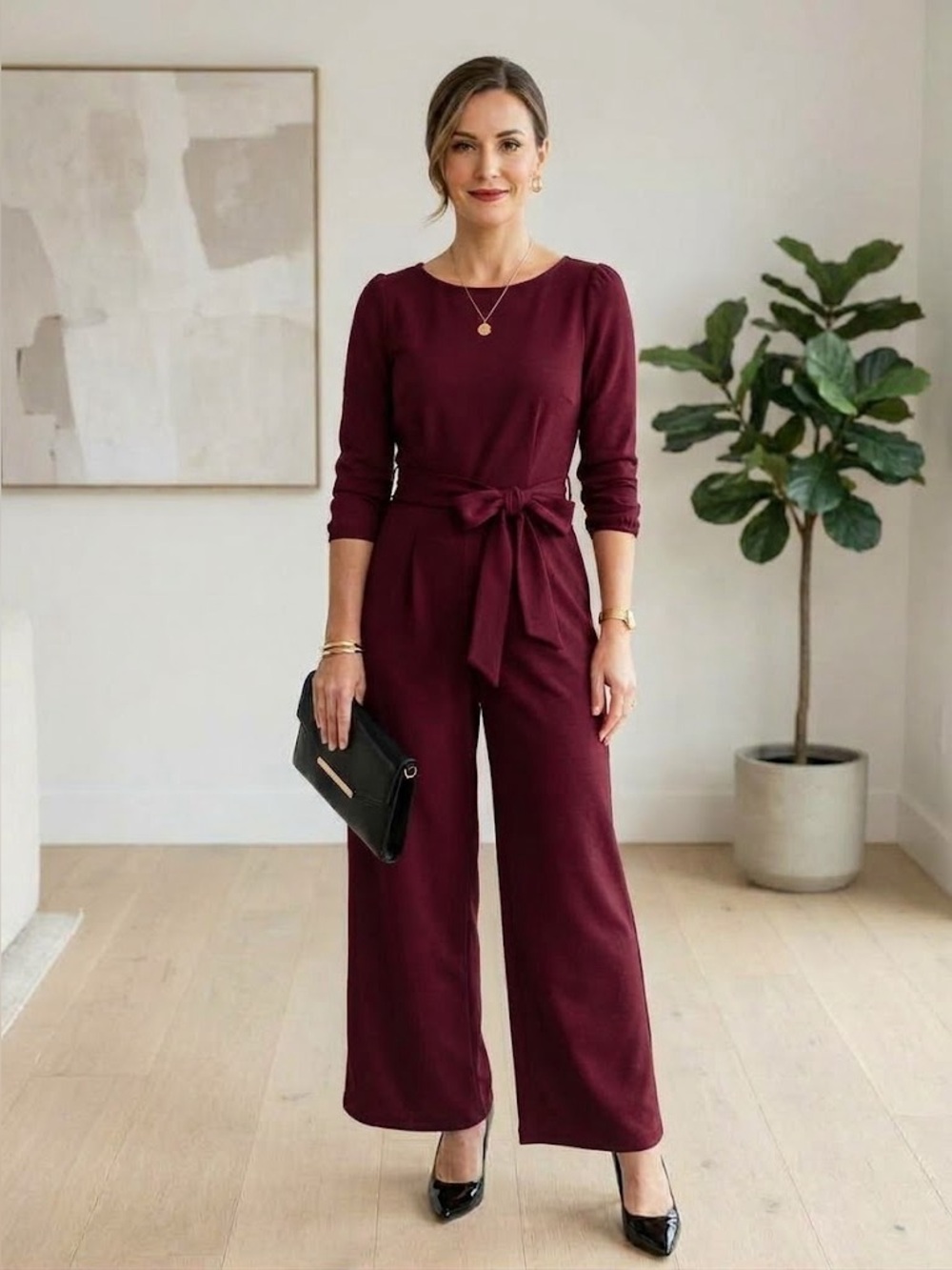 Zapelle Burgundy Wide Leg 3/4 sleeve Jumpsuit